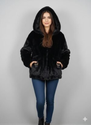 جاكيت فرو نسائي بقبعة (hooded faux fur jacket) – دافئ وناعم