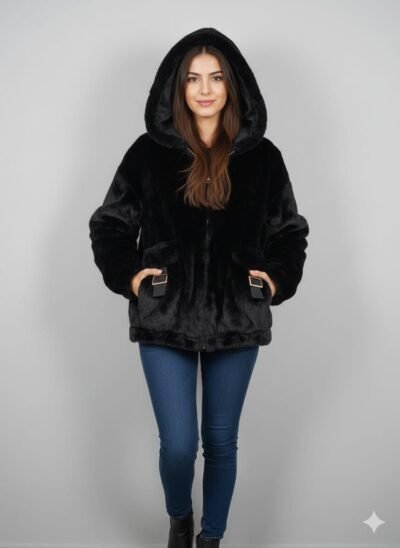 جاكيت فرو نسائي بقبعة (hooded faux fur jacket) – دافئ وناعم جاكيت فرو نسائي بقبعة (hooded faux fur jacket) – دافئ وناعم